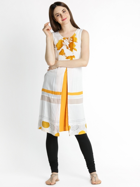 

RANGMANCH BY PANTALOONS Women Off-White & Mustard Printed A-Line Kurta