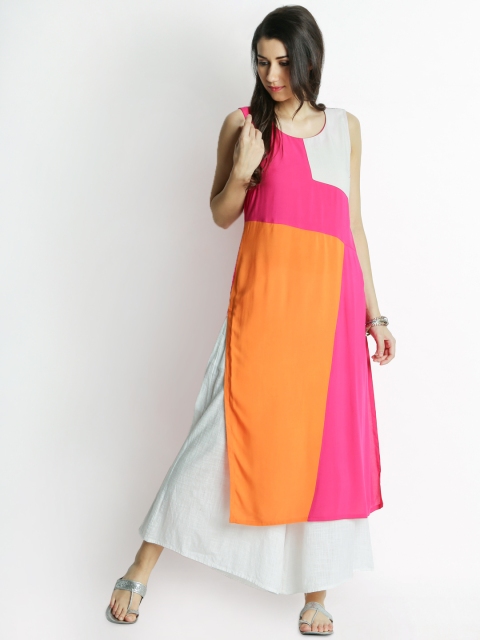 

RANGMANCH BY PANTALOONS Women Pink & White Colourblocked Straight Kurta