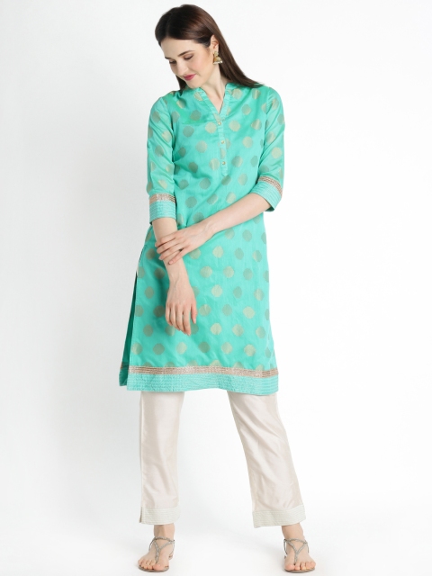 

TRISHAA BY PANTALOONS Women Turquoise Blue & Beige Self Design Kurta with Trousers