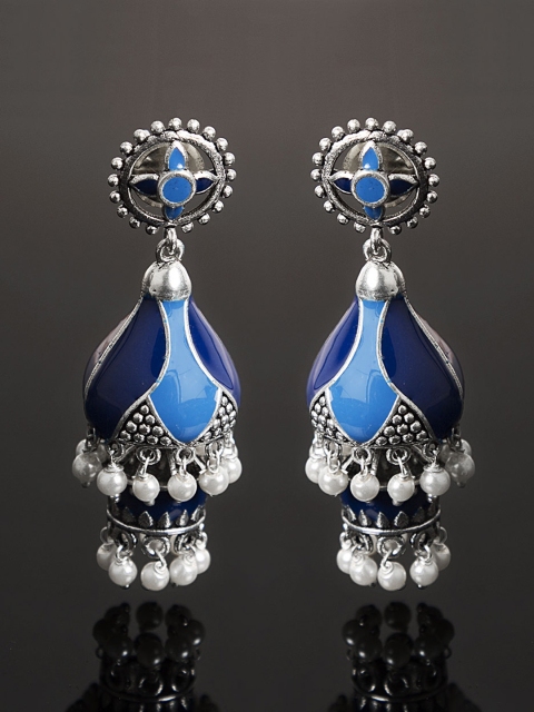 

Studio Voylla Azure Silver-Toned & Blue Dome Shaped Jhumkas