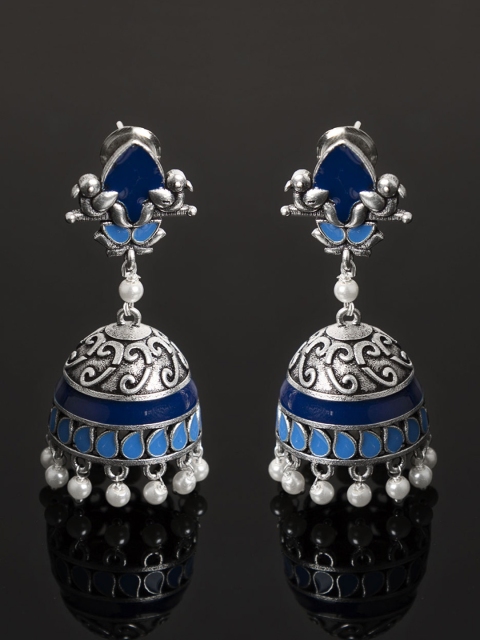 

Studio Voylla Azure Silver-Toned & Blue Dome Shaped Jhumkas