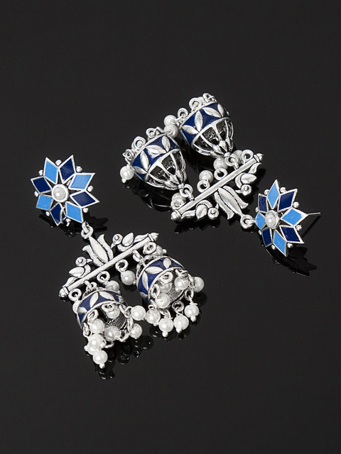 

Studio Voylla Azure Silver-Toned & Blue Dome Shaped Jhumkas