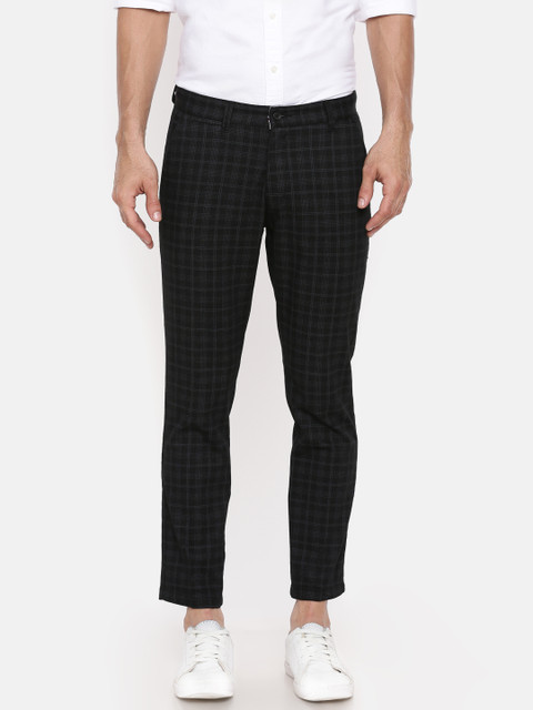 

Independence Club Men Charcoal Black Smart Slim Fit Checked Regular Trousers