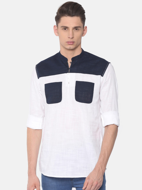 

Independence Club Men White & Navy Colourblocked Straight Kurta