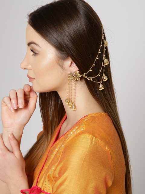 

Zaveri Pearls Gold-Plated Classic Jhumki Drop Earrings with Ear Chain