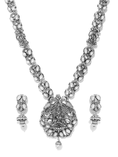 

Zaveri Pearls Oxidised Silver-Toned & Grey Goddess Lakshmi Stone-Studded Jewellery Set