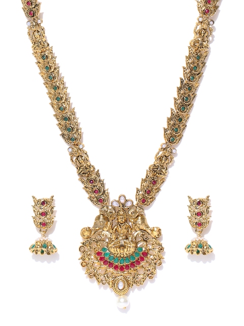 

Zaveri Pearls Antique Gold-Toned Goddess Lakshmi Stone-Studded Jewellery Set