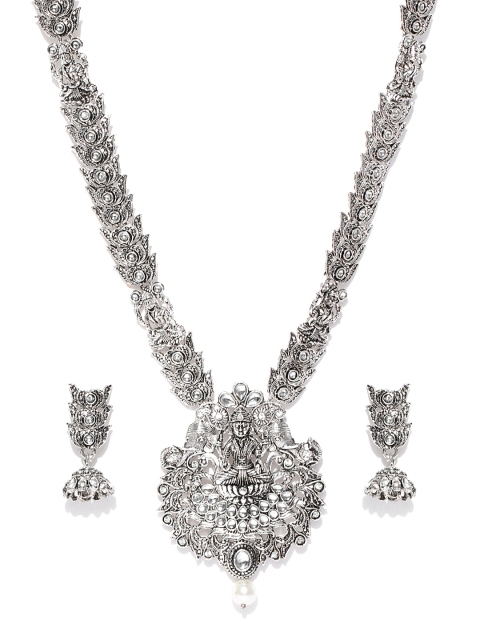

Zaveri Pearls Oxidised Silver-Toned Goddess Lakshmi Stone-Studded Jewellery Set