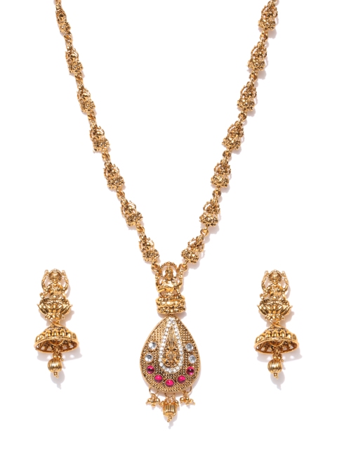 

Zaveri Pearls Antique Gold-Toned & Pink Goddess Lakshmi Stone-Studded Jewellery Set
