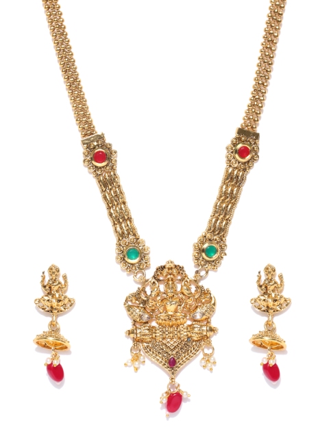 

Zaveri Pearls Antique Gold-Toned Goddess Lakshmi Stone-Studded Jewellery Set
