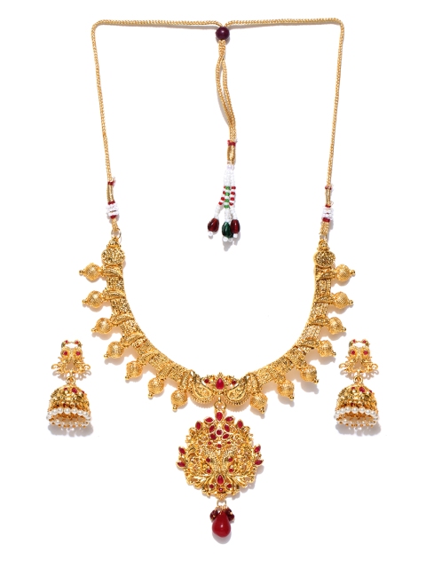 

Zaveri Pearls Gold-Toned & Red Peacock-Shaped Stone-Studded Jewellery Set