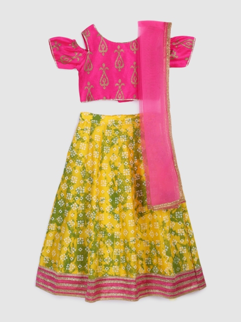 

YK Girls Yellow & Pink Solid Ready to Wear Lehenga & Blouse with Dupatta
