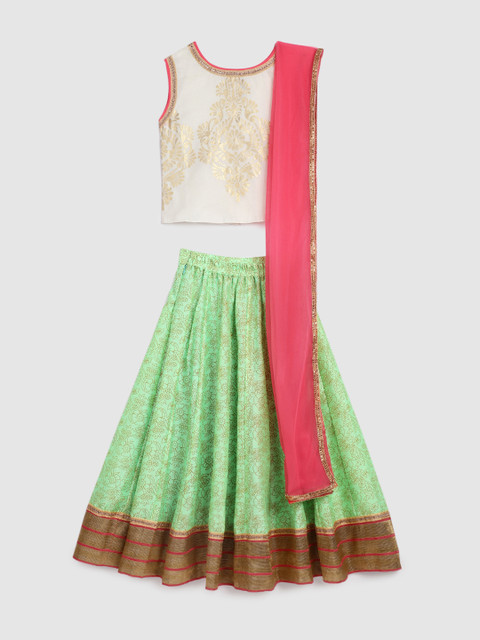

YK Girls Off-White & Green Ready to Wear Lehenga & Blouse with Dupatta