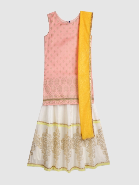 

YK Girls Pink & Off-White Printed Ready to Wear Lehenga & Blouse with Dupatta