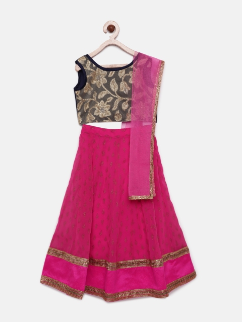 

YK Girls Navy Blue & Pink Woven Design Ready to Wear Lehenga & Blouse with Dupatta