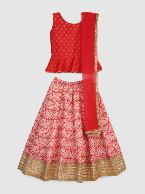 

YK Girls Pink & Red Printed Ready to Wear Lehenga & Blouse with Dupatta