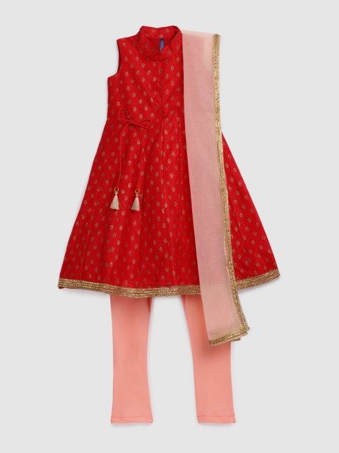 

YK Girls Red & Gold-Toned Printed Kurta with Churidar & Dupatta