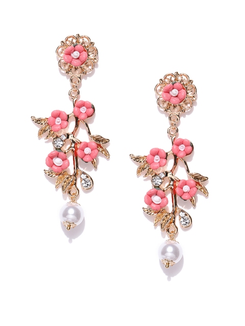 

Jewels Galaxy Pink & Off-White Luxuria Gold-Plated Handcrafted Floral Drop Earrings