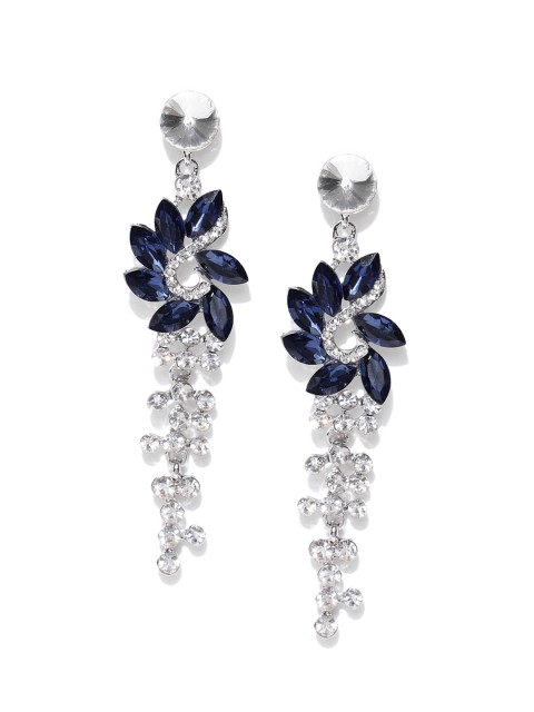 

Jewels Galaxy Navy & Silver-Toned Luxuria Rhodium-Plated Handcrafted Drop Earrings, Navy blue