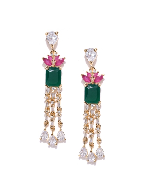 

Jewels Galaxy Green & Pink Gold-Plated Handcrafted Stone-Studded Drop Earrings