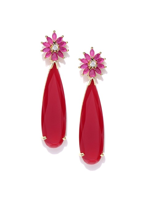 

Jewels Galaxy Red Gold-Plated Stone-Studded Handcrafted Teardrop Shaped Drop Earrings