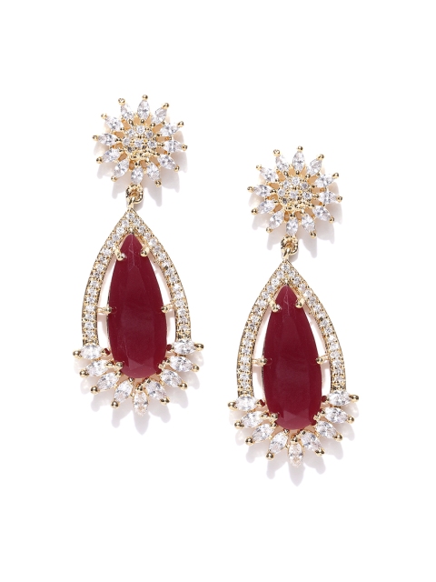 

Jewels Galaxy Magenta Gold-Plated Handcrafted Teardrop-Shaped Drop Earrings