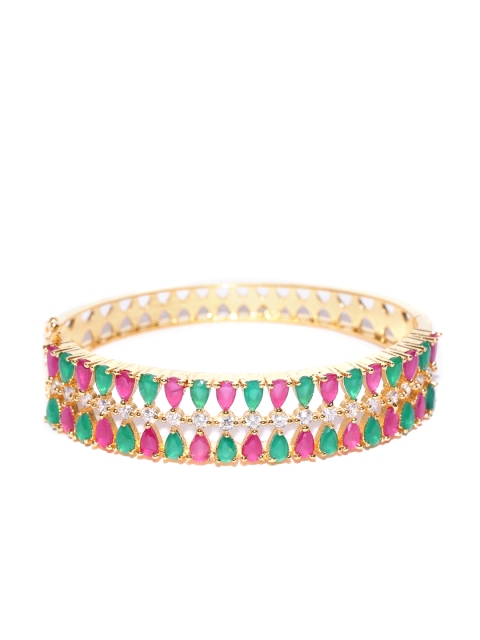 

Jewels Galaxy Green & Pink Gold-Plated Stone-Studded Bangle-Style Bracelet