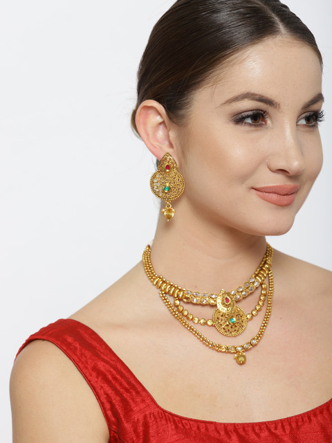 

Jewels Galaxy Antique Gold-Toned Luxuria Stone-Studded Jewellery Set