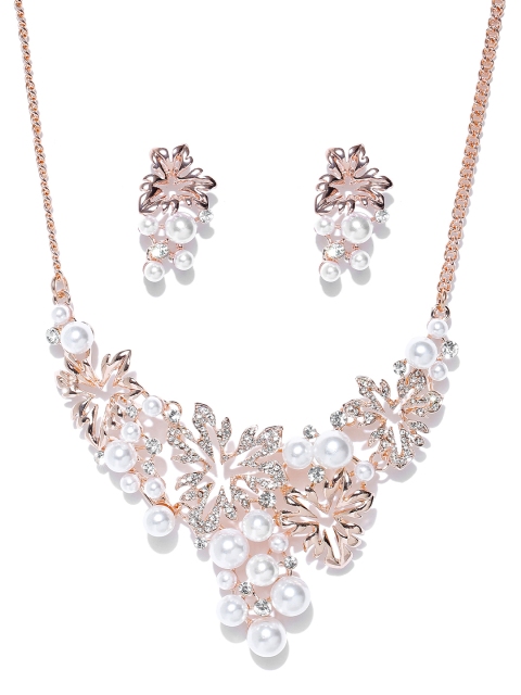 

Jewels Galaxy Rose Gold-Toned & Off-White Stone-Studded & Beaded Jewellery Set