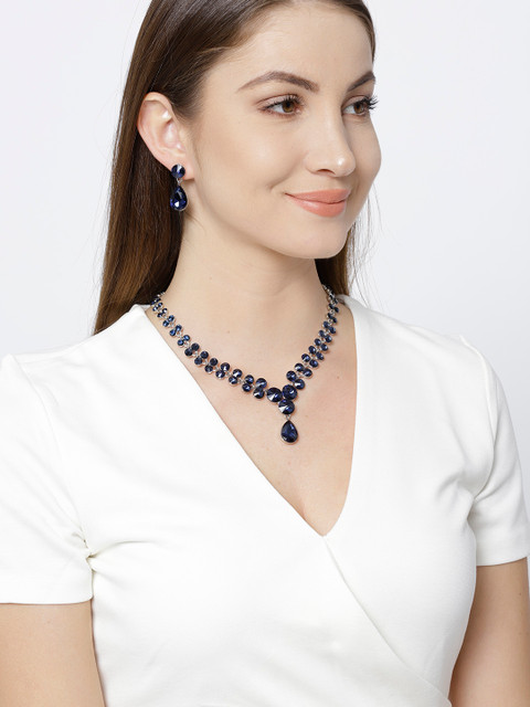 

Jewels Galaxy Navy & Silver-Toned Luxuria Stone-Studded Jewellery Set, Navy blue
