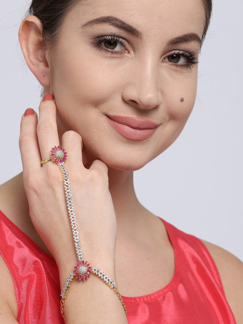 

Jewels Galaxy Gold-Toned & Pink Stone-Studded Ring Bracelet