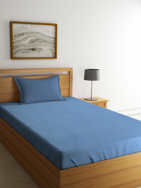 

MARK HOME Blue Solid Flat 400 TC Cotton 1 Single Bedsheet with 1 Pillow Covers
