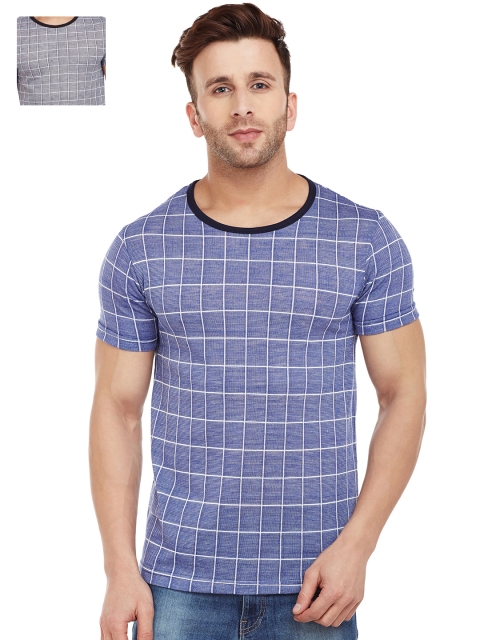 

VIMAL Pack of 2 Men Checked Round Neck T-shirts, Blue
