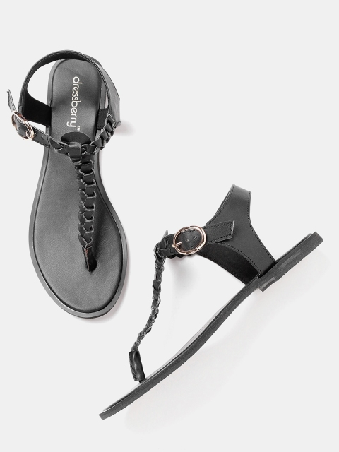 

DressBerry Women Black Solid T-Strap Flats