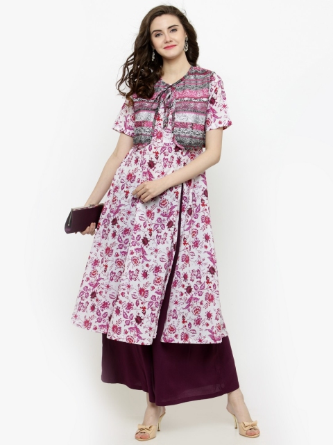 

Sera Women White & Purple Printed Kurta with Palazzos