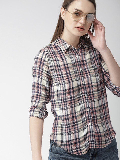 

Harvard Women Off-White & Pink Regular Fit Checked Casual Shirt