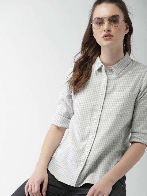 

Harvard Women White & Grey Regular Fit Checked Casual Shirt