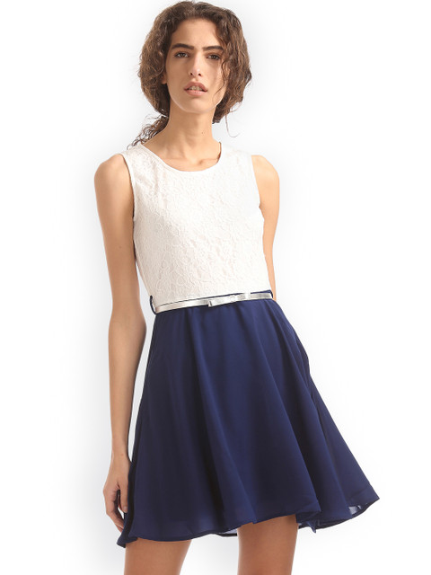 

Sugr Women Off-White Solid Fit and Flare Dress