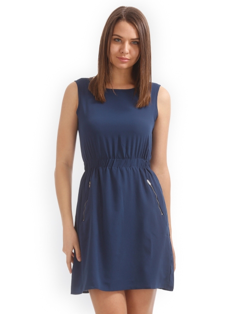 

Sugr Women Navy Blue Solid Fit and Flare Dress