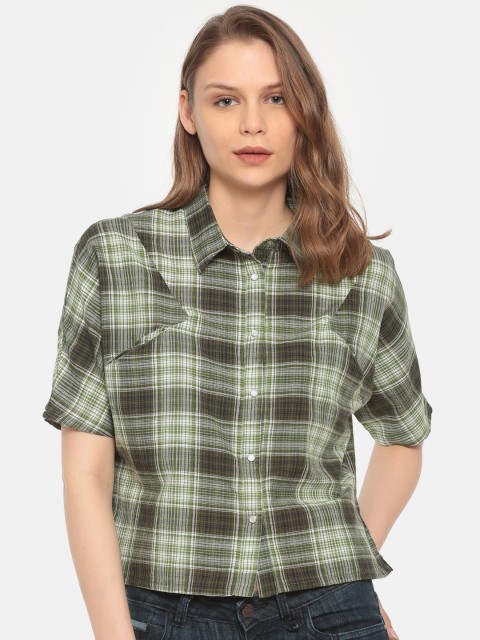 

Sugr Women Green & White Slim Fit Checked Casual Shirt