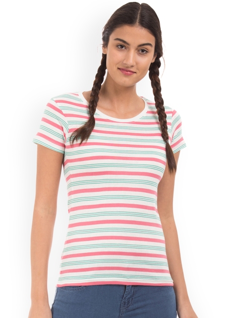 

Sugr Women Off-White Striped Round Neck T-shirt