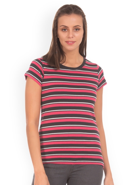 

Sugr Women Pink Striped Round Neck T-shirt
