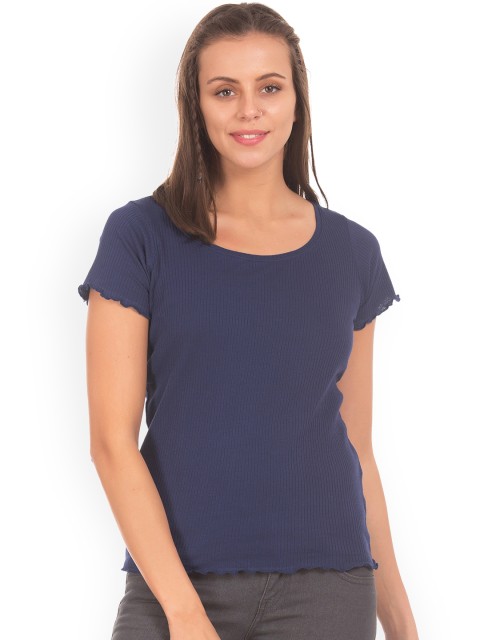 

Sugr Women Navy Blue Solid Round Neck T-shirt