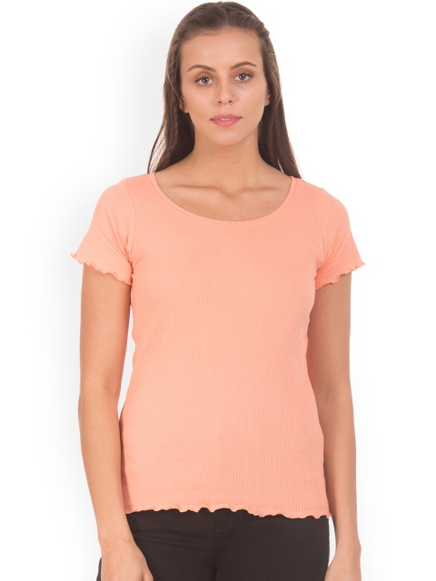 

Sugr Women Peach-Coloured Solid Round Neck T-shirt