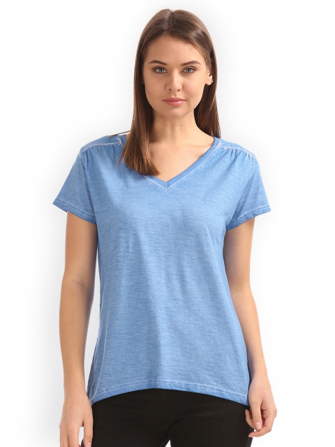 

Cherokee Women Blue Solid Pure Cotton Top