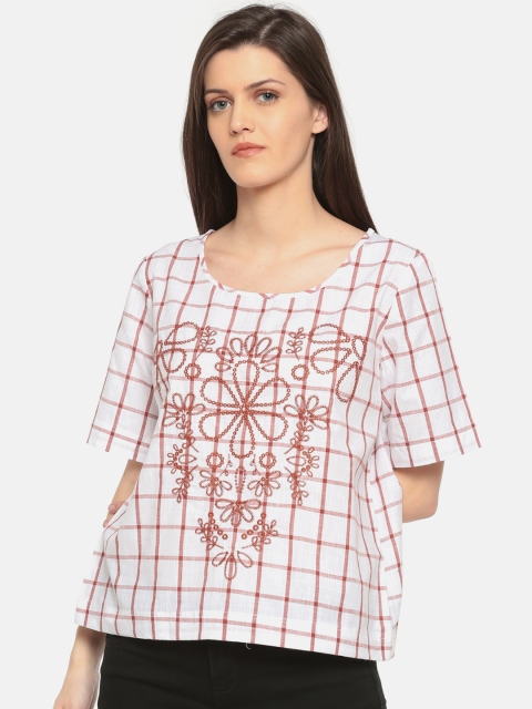 

Cherokee Women White & Rust Brown Embroidered Boxy Top