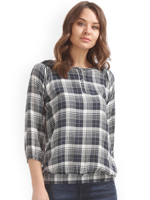 

Cherokee Women Navy Blue & White Checked Blouson Top