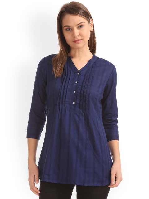 

Cherokee Women Navy Blue Solid Pure Cotton Top