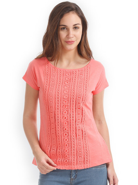 

Cherokee Women Coral Solid Pure Cotton Top