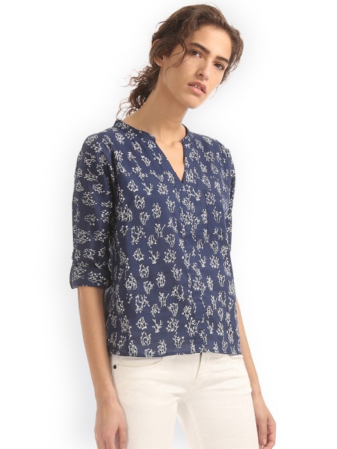 

Cherokee Women Navy Blue Printed Pure Cotton Top